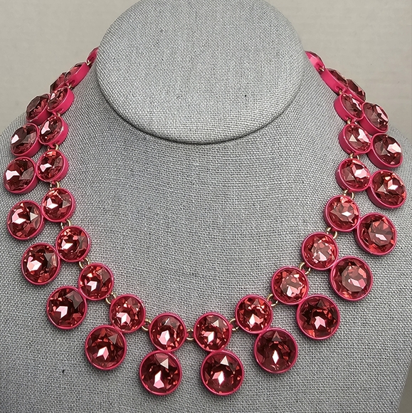 [J. Crew] Brûlée Fuchsia Coated Sparkly Double-Drop Crystal Statement Necklace - Picture 1 of 16